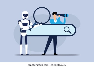 Robot and Human Collaborating in Online Search 2d flat vector illustration