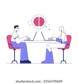 Robot And Human Competing In A Brainpower Challenge In Flat Vector Illustration Symbolizing Artificial Intelligence, Competition, And Innovation, Isolated On White Background.