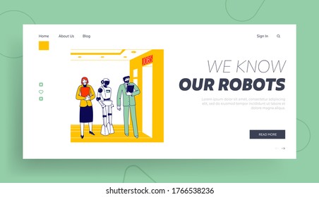 Plantilla de la página de aterrizaje de robots y competición humana. Personajes de buscadores de trabajo y entrevista de trabajo en ciborg esperando en Office Hall. Tecnologías de Inteligencia Artificial. Ilustración de vectores de personas lineales