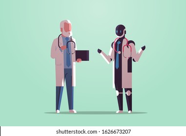 robot and human doctors discussing during meeting robotic character vs man with stethoscope standing together healthcare artificial intelligence technology concept flat full length horizontal vector