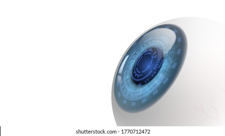 Robot or human eyeball close-up with blue pupil scanning an eye on a white background