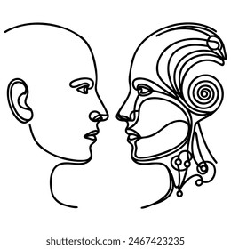 Robot and human face to face Continuous one line drawing. Machine vs human: AI robot and man facing each other