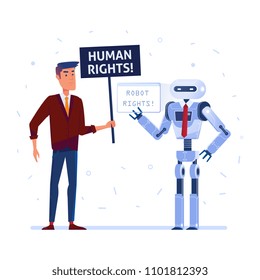 Robot and human fighting for the rights. Concept of futuristic society where both humans and robots have civil rights. Artificial intelligence and robotization. Vector flat design illustration.