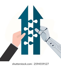 Robot and human hand merging puzzle arrows together. AI robots and humans solving puzzles, work with artificial intelligence, collaboration, business connection for new project or increase earnings.