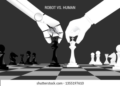 Robot and human hand move chess on board. Business concept for machine learning and a.i artificial intelligence.human vs. robot.