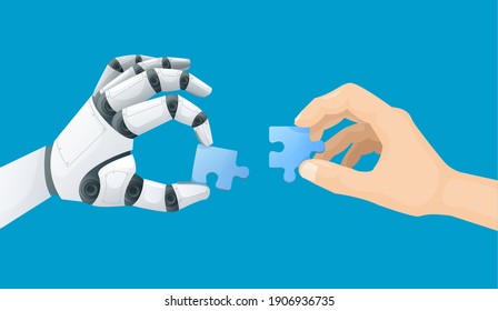 Robot and human hand with puzzle. Artificial intelligence assistance, robotic automation and machine learning technology vector concept. Cooperation and solution finding with AI, future innovations