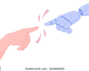 Robot and human hand reaching each other, trying to make a contact, symbol of connection, communication between people and artificial intelligence, vector illustration isolated on white background