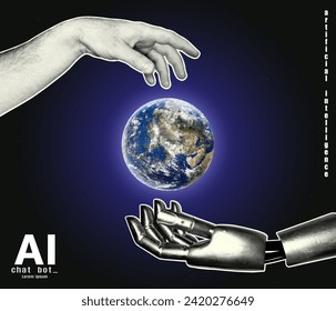 Robot and human hand in retro collage style with halftones. Vector illustration, artificial intelligence concept.