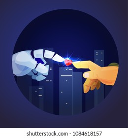 Robot and human hand touching and happening to the heart, Birth of Artificial Intelligence, love between robot and human - vector illustration