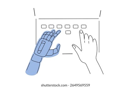 Robot and human hand working together on keyboard. Artificial intelligence and collaboration concept. Futuristic technology for business.vector doodle hand drawn sketch illustration	
