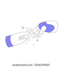 Robot And Human Hands Connecting In Flat Vector Illustration Symbolizing Unity, Technology, And Collaboration, Isolated On White Background.