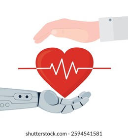 Robot and human hands holding heart. Bio engineering concept. Insurance and healthcare. Health protection. AI help in medical care. Doctor hands cover and protecting human heart with heartbeat. vector