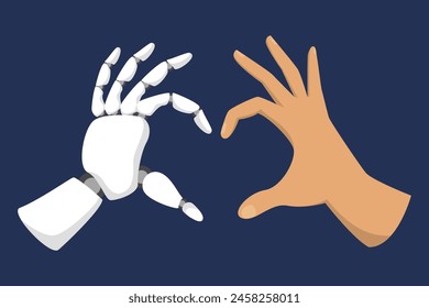 Robot and human hands making a heart shape vector illustration. Concept of artificial intelligence and modern technology in human lives. Futuristic illustration, partnership between people and robots.