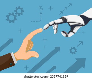 Robot and human hands touch with fingers. Vector illustration