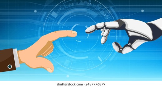 Robot and human hands touch with fingers. Vector illustration