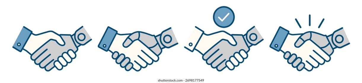 Ícone de handshake humano e robô. Parceria em matéria de inteligência artificial e conceito de cooperação tecnológica sobre um contexto transparente