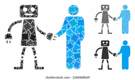 Robot human handshake mosaic of uneven pieces in various sizes and color tinges, based on robot human handshake icon. Vector rough pieces are grouped into mosaic.