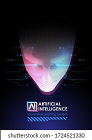 Realce del robot o de la cabeza humana. Aprendizaje automático y concepto de dominación de la mente cibernética. AI con Digital Face está aprendiendo a procesar grandes datos, información de análisis.