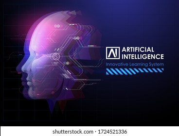 Realce del robot o de la cabeza humana. Aprendizaje automático y concepto de dominación de la mente cibernética. AI con Digital Face está aprendiendo a procesar grandes datos, información de análisis.