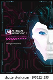 Realce del robot o de la cabeza humana. Aprendizaje automático y concepto de dominación de la mente cibernética. AI con Digital Face está aprendiendo a procesar grandes datos, información de análisis.