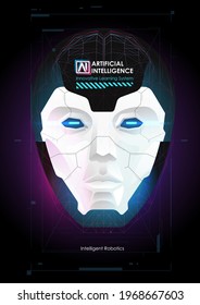 Realce del robot o de la cabeza humana. Aprendizaje automático y concepto de dominación de la mente cibernética. AI con Digital Face está aprendiendo a procesar grandes datos, información de análisis.