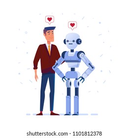 Robot and human in love. Futuristic concept of relationship between human and artificial intelligence, robotization and automatization. Vector flat design illustration. Square layout.