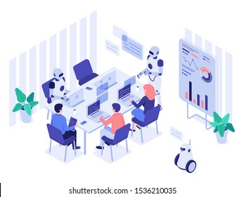 Robot And Human Office Workers. Robotic Worker, Humans And Robots Work Together In Futuristic Workplace. Ai Programmer Or Cyborg Illustrator Working With People Isometric Vector Illustration