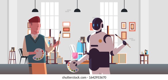 robot and human painters holding paintbrush and palette robotic character vs man standing together in modern art studio artificial intelligence technology concept flat portrait horizontal vector