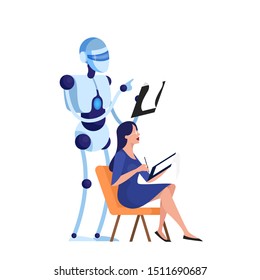 Robot and human psychologist. Cyborg character holding clipboard. Mental health treatment. Isolated flat vector illustration