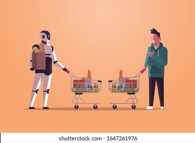 robot and human pushing trolley carts full of groceries robotic character vs man standing together shopping artificial intelligence technology concept flat full length horizontal vector illustration