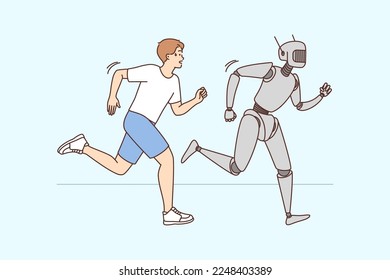 Robot and human running competition together. Robotic machine or android win race finish first. Artificial intelligence and new technology. Vector illustration. 