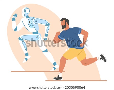 Robot and human running marathon race, flat vector illustration. Robotic machine winning competition. Artificial intelligence vs human.