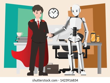 Robot and human shake hands,Businessman character cartoon vector design, standing automaton and office desk background , computer and document on table with planner in AI strategy concept 