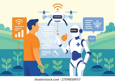 Roboter und Mensch in einer intelligenten Farm mit Drohne und Datenvisualisierung, die KI in der Landwirtschaft symbolisiert