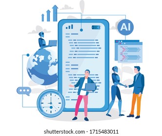 Robot human working, artificial intelligence.Vector illustration for web banner, infographics, mobile. AI