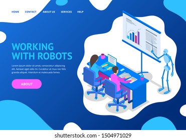 Robot and Human Working Concept Landing Web Page Template. Vector illustration of Design Project for Business with Artificial Intelligence