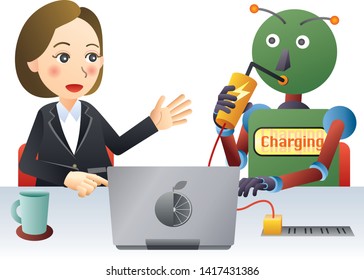 Robot and human working in office.
