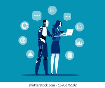 Robot And Human Working At Office. Concept Business Artificial Intelligence Technology Vector Illustration, Human Interactive Tech Interaction
