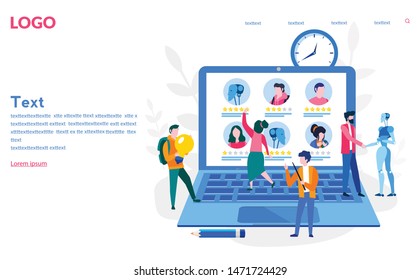 Robot human working at office, teamwork. recruitment in future. Human interactive tech interaction. Vector illustration for web banner, print, infographics, mobile website. Landing page template.