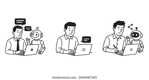 Robot and human working together on a laptop in conversation