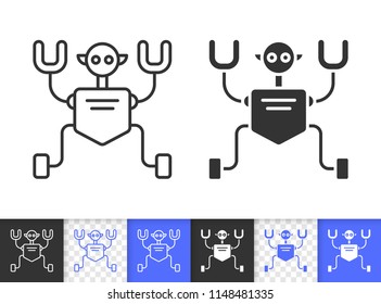 Robot humanoid black linear and silhouette icons. Thin line sign of cute character. Kids toy outline pictogram isolated on white transparent background. Vector Icon shape. Robot simple symbol closeup