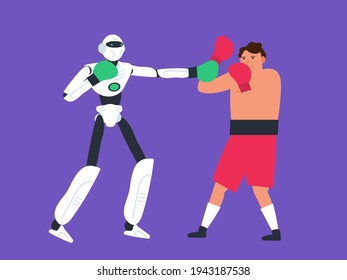 robot humanoid boxing against man boxer human fighting versus artificial intelligence vector illustration