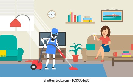 robot humanoid cleaning room with vacuum cleaner . woman sitting on the sofa