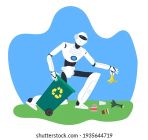 robot humanoid collecting waste into  garbage container  robotic technology vector illustration
