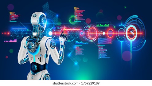 Robot or humanoid cyborg working with abstract tech hologram interface. Futuristic AI in industry 4.0 develops industrial virtual drawings details. Humanoid android back view looking on screen.