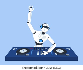 robot humanoid dj playing music mixer controller vector illustration