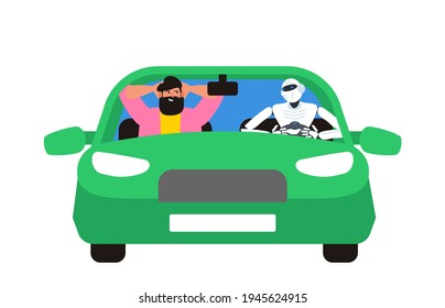 robot humanoid driving a car with man passenger front view vector illustration
