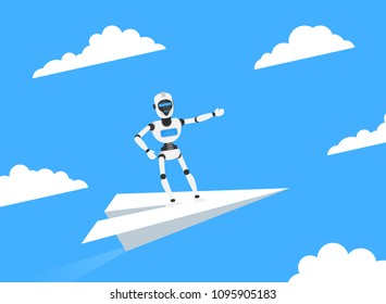 robot humanoid flying on paper plane
