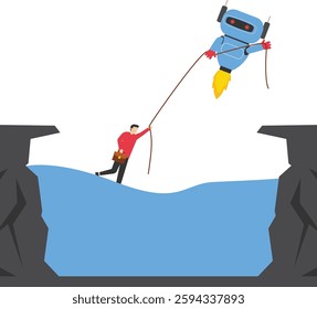 robot humanoid give a hand to drowning businessman

