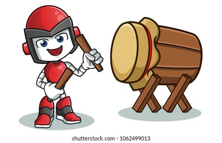 robot humanoid hit the drum mascot vector cartoon illustration